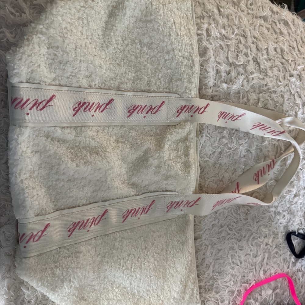 Victoria's Secret PINK Cream Sherpa Tote with Pink Logo Straps